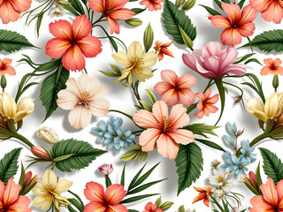 Tropical Hibiscus Floral Seamless Pattern – Peach Coral Pink Flowers And Green Leaves
