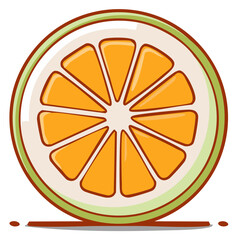 Stylized Orange Slice Illustration with Cartoonish Outlines and Segmented Interior