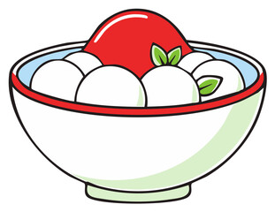 Charming illustration of sweet white dessert balls in a bowl with vibrant red topping and decorative green leaves