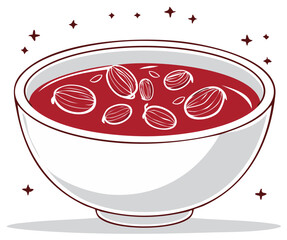 Festive Red Soup with Ornamented Fruits in White Bowl - Holiday Food Illustration