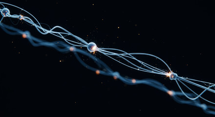 A long string of glowing spheres is shown in a black background