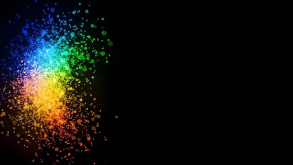 Vibrant Rainbow Particles Bursting on Black Background perfect for website banner, social media background, presentation slide, digital wallpaper, album cover,