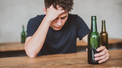 Regret. Sad after drinking alcohol. Impact on mood when young people drink too much wine. Alcoholism. Young man is not sober as he drinks beer