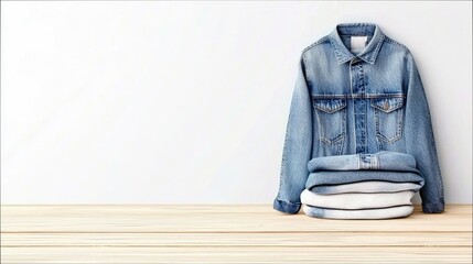 A neatly folded stack of white and light blue t-shirts sits beneath a blue denim jacket. The clothing is arranged on a light wooden surface against a plain whit