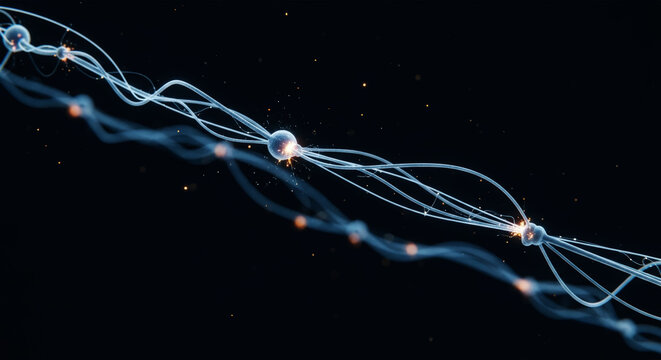 A long string of glowing spheres is shown in a black background