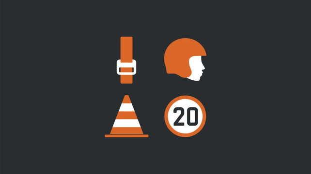 A collection of orange and white road safety icons including a helmet cone and speed limit sign