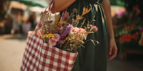 Bouquet of dried wildflowers in a red and white checkered tote bag on the hand of a woman in a green dress. Autumn day at a street market. Rustic charm, seasonal harvest. Place for signature.