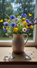 Vibrant Wildflower Bouquet in Pitcher by Window.