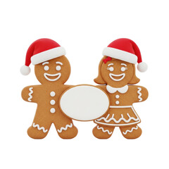 A joyful 3d gingerbread couple wearing santa hats holds a blank white plaque for copy space on a transparent background. Festive christmas greeting concept