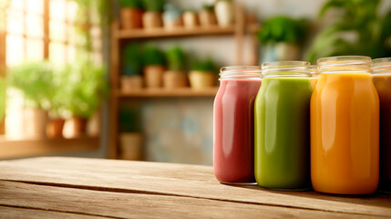 Colorful fresh juices in glass bottles on rustic wooden table with blurred background of green plants and natural sunlight