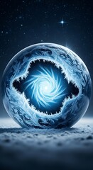Mystic Orb - A Swirling Vortex of Light and Energy in a Frozen Landscape.