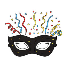 A festive mask decorated with confetti and bright celebratory colors.