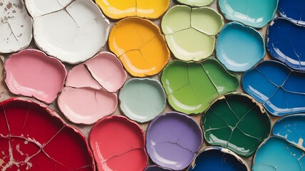 Colorful cracked ceramic plates arranged in a mosaic tile pattern close up view