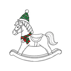 A sketched rocking horse decorated with a Christmas hat and wreath.