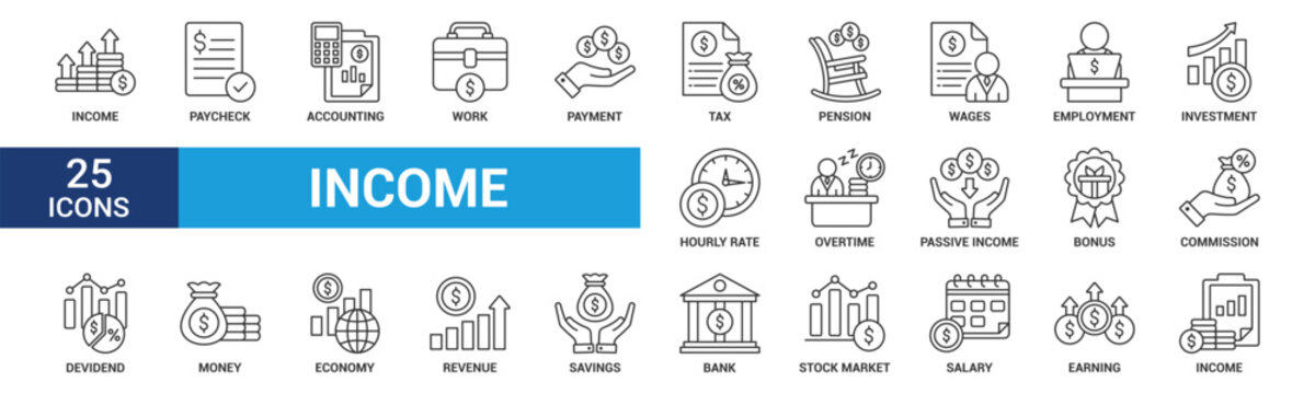 Income icon set. Containing paycheck, accounting, work, payment, tax, pension, wages, employment, investment, overtime and more. Line vector icons collection.
