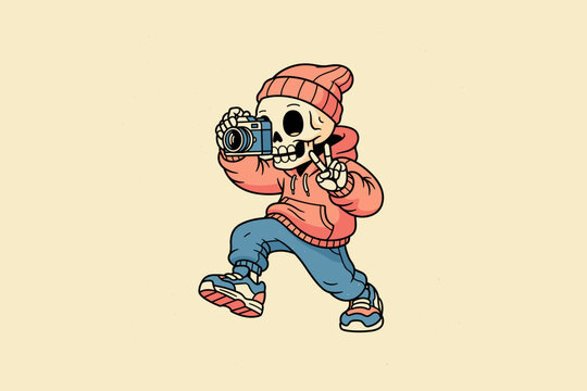 Skeleton character taking a photo with a vintage camera.