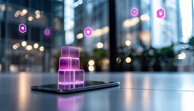 A smartphone displays a stack of glowing purple digital blocks, with abstract network and security icons floating above. The background is a blurred modern offi