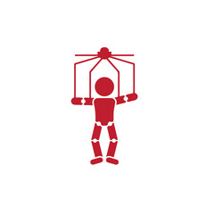 A striking red puppet icon, depicted with strings attached to its head and arms, clearly illustrating themes of control, manipulation, and dependency, isolated on