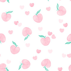 Watercolor peach and heart seamless pattern vector. Cute pink hearts background. Design for valentine day, graphic, wrapping, paper, print, card, cover, fabric, kid cloth, baby dress, decor.