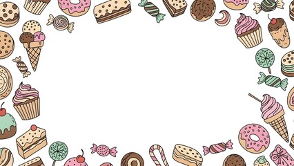 Cute Cartoon Sweets Border Frame with Copy Space perfect for website banner, social media post, greeting card, invitation, menu design, flyer, children's book