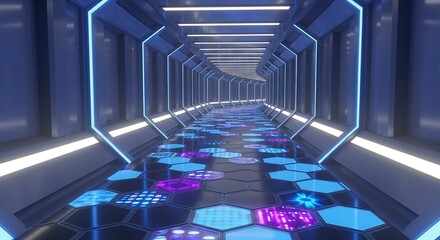 Cyberpunk Futuristic Corridor with Vibrant Neon Lighting and Interactive Hexagonal Floor