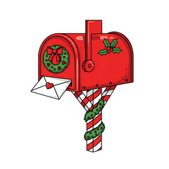 A red festive mailbox holding a holiday letter.