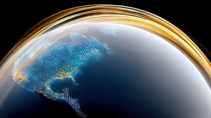 A stylized digital representation of the Earth, focusing on North and South America, illuminated by glowing dots representing city lights. A golden, abstract sw
