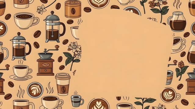 Seamless Coffee Pattern Background with Hand-Drawn Elements and Copy Space perfect for Website banner, menu background, social media graphic, blog header,