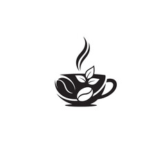 Coffee cup with steam, coffee beans, and leaves, symbolizing a blend of natural flavors and a warm beverage experience, isolated on