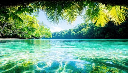 A serene tropical lagoon with crystal clear turquoise water, surrounded by lush green jungle foliage and framed by vibrant palm fronds. The sun shines brightly,
