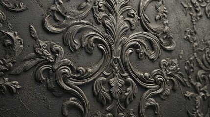 Dark metallic surface covered in ornate floral relief patterns