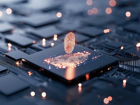 A close-up, abstract digital illustration of a glowing fingerprint overlayed on a microchip processor, surrounded by circuit board traces and soft bokeh lights,