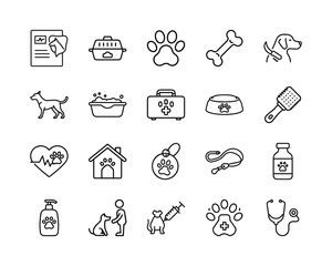 Fototapeta premium Veterinary pet care icons, set of 20 vector line illustrations for animal clinic, dog grooming and pet health services, professional medical symbols vector
