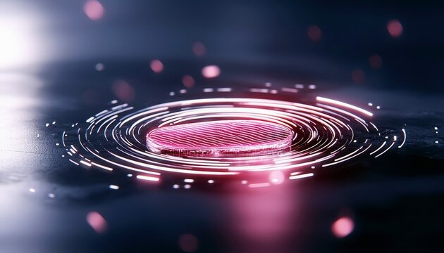 A close-up, low-angle shot of a pink digital fingerprint scanner emitting concentric rings of light. The background is dark and blurred with bokeh effects, sugg