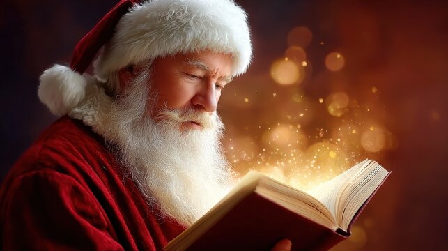 Elderly man in red attire with white beard is reading a magical book, surrounded by glowing lights, evoking a festive and enchanting atmosphere of holiday spirit