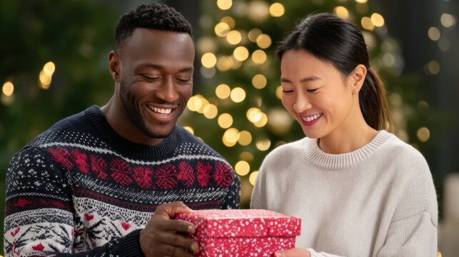 African American man and Asian woman joyfully exchanging a beautifully wrapped gift during a festive holiday celebration, surrounded by twinkling lights and a warm atmosphere