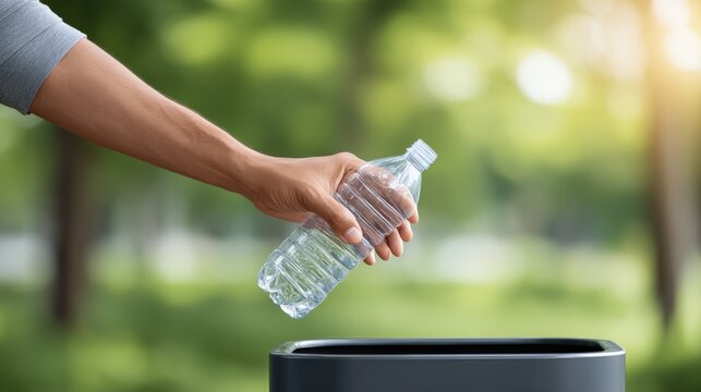 Hand of an individual discarding a plastic water bottle into a recycling bin in a lush green park, promoting environmental awareness and responsible waste management