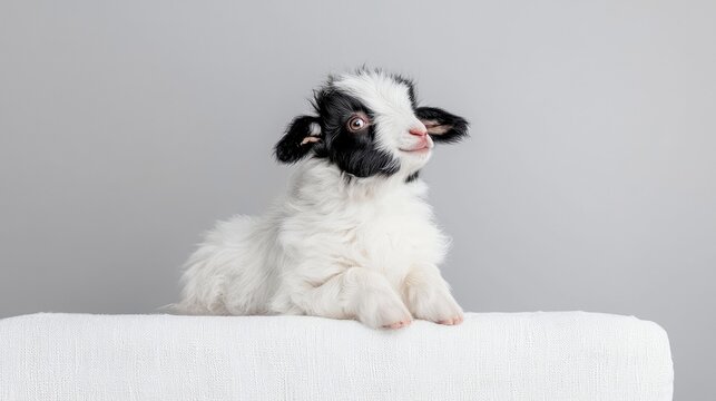 A young, fluffy goat with black and white markings is lying down on a white textured surface. The goat is looking to the right with its ears perked up and a sli