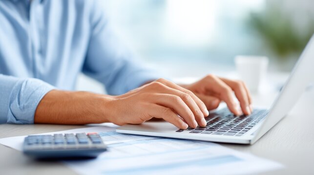 Hands of a male professional typing on a laptop keyboard, with a calculator and documents on a desk, illustrating productivity and modern workspace dynamics