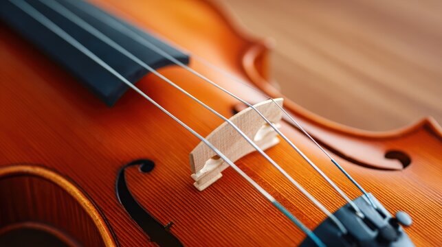Close-up of a beautifully crafted wooden violin showcasing intricate details, strings, and bridge, highlighting the artistry and craftsmanship of musical instruments - Powered by Adobe