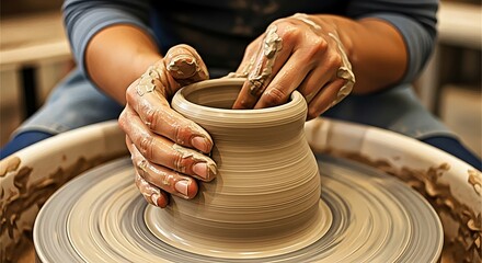Artisan's hands shaping clay on a spinning pottery wheel, creating unique ceramic art in a workshop