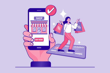 Hand holding phone with shop app and woman walking on credit card with discount bags. Concept of easy mobile payment and ecommerce shopping. Vector illustration of digital transaction.
