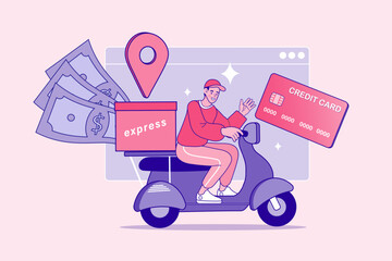 Delivery man on scooter with express package and location pin. Concept of fast shipping service with cash and credit card payment. Vector illustration of logistics courier.