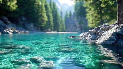 A stunning, crystal-clear turquoise lake with visible rocks on the bottom, bordered by a rocky shore and a dense pine forest. Sunlight illuminates the scene, cr