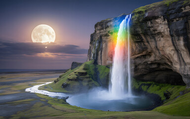 A magical waterfall glows with rainbow colors cascading down a cliff under a giant full moon at night.