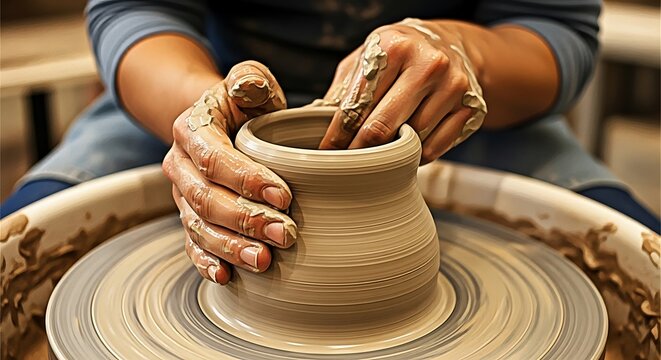 Artisan's hands shaping clay on a spinning pottery wheel, creating unique ceramic art in a workshop - Powered by Adobe