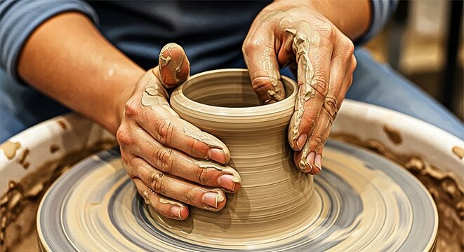 Skilled hands shaping wet clay on a pottery wheel, creating a ceramic pot in a studio - Powered by Adobe