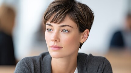 Young woman with short hair, wearing a gray cardigan, gazes thoughtfully while seated in a modern workspace, reflecting on ideas and inspiration in a collaborative environment