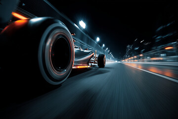 Formula 1 racing car speeds along the night road in the dark in motion with a close view of the rear wheel, with space for text
