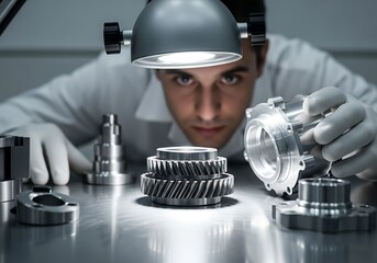 Precision engineer carefully inspecting shiny metal gears and components for quality assurance in a modern manufacturing facility offering high-tech precision